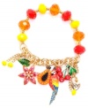 Tropically charming. Betsey Johnson's antique gold tone mixed metal half stretch bracelet is quite colorful featuring red, orange, and yellow faceted beads, a multi-colored parrot with gold-tone details, red cherries, an orange papaya, a red flower, and a green and gold-tone leaf. Approximate length: 7-1/2 inches.