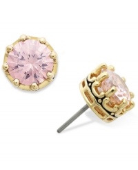 A touch of pink. Juicy Couture's gorgeous stud earrings feature princess-cut, pink-colored cubic zirconias (2 ct. t.w.). Set in gold tone mixed metal. Approximate diameter: 1/4 inch. A touch of pink. Juicy Couture's gorgeous stud earrings feature princess-cut, pink-colored cubic zirconias (2 ct. t.w.). Set in gold tone mixed metal. Approximate diameter: 1/4 inch.