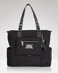 Ideal for moms on the go, this chic nylon baby bag from Juicy Couture features an easy-to-carry shape, changing pad, and pockets for all the essentials. Ideal for moms on the go, this chic nylon baby bag from Juicy Couture features an easy-to-carry shape, changing pad, and pockets for all the essentials.