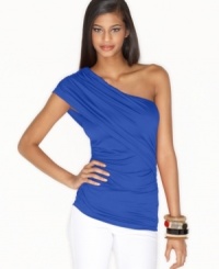 Get on the one shoulder trend with bar III's chic top. An overlay is a sophisticated dimensional detail that adds to this glamorous silhouette. Get on the one shoulder trend with bar III's chic top. An overlay is a sophisticated dimensional detail that adds to this glamorous silhouette.