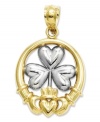 A touch of Celtic inspiration. This symbolic Claddagh and shamrock charm is crafted in polished 14k gold and sterling silver with a pretty cut-out design. Chain not included. Approximate length: 1 inch. Approximate width: 3/5 inch.