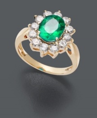 A rich combination of royalty-inspired design and vibrant green hues. Ring features a brilliant emerald (1-3/4 ct. t.w.) surrounded by sparkling round-cut diamonds (1 ct. t.w.). Crafted in 14k gold. A rich combination of royalty-inspired design and vibrant green hues. Ring features a brilliant emerald (1-3/4 ct. t.w.) surrounded by sparkling round-cut diamonds (1 ct. t.w.). Crafted in 14k gold.