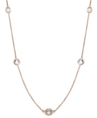 Layer yourself with inches of sparkle. This delicate necklace is crafted in 14k rose gold over sterling silver, with round-cut white topaz stations (9 ct. t.w.). Approximate length: 36 inches.
