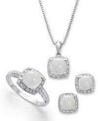 A sweet, sparkling mix. round-cut opals (4-3/4 ct. t.w.) and sparkling diamond accents adorn this pretty, matching jewelry set. Includes a pendant, stud earrings and ring in sterling silver. Approximate necklace length: 18 inches. Approximate drop: 1/2 inch. Approximate earring diameter: 1/4 inch. Size 7. A sweet, sparkling mix. round-cut opals (4-3/4 ct. t.w.) and sparkling diamond accents adorn this pretty, matching jewelry set. Includes a pendant, stud earrings and ring in sterling silver. Approximate necklace length: 18 inches. Approximate drop: 1/2 inch. Approximate earring diameter: 1/4 inch. Size 7.