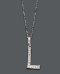 Spell it out in sparkle! This personalized initial charm necklace makes the perfect gift for Laura or Lynette. Features sparkling, round-cut diamond accents. Setting and chain crafted in 14k white gold. Approximate length: 18 inches. Approximate drop: 1/2 inch. Spell it out in sparkle! This personalized initial charm necklace makes the perfect gift for Laura or Lynette. Features sparkling, round-cut diamond accents. Setting and chain crafted in 14k white gold. Approximate length: 18 inches. Approximate drop: 1/2 inch.