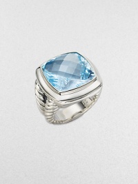 From the Albion Collection. A faceted cushion of dazzling blue topaz is framed in a sterling silver setting and split cable band.Blue topaz Sterling silver About ½ square Imported