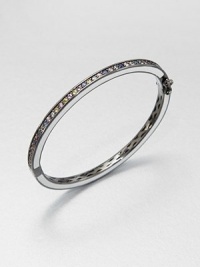 A channel-set half circle of pastel sapphires meets a smooth half circle of enamel in this slender, enamel-edged bangle with an openwork back.SapphiresEnamelBlack rhodium-plated sterling silverDiameter, about 2.2Hinged with push-lock safety claspImported A channel-set half circle of pastel sapphires meets a smooth half circle of enamel in this slender, enamel-edged bangle with an openwork back.SapphiresEnamelBlack rhodium-plated sterling silverDiameter, about 2.2Hinged with push-lock safety claspImported