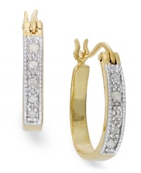 Outside appeal. This pair of hoop earrings, crafted from 18k gold over sterling silver, truly sparkles with round-cut diamonds (1/10 ct. t.w.). Approximate drop: 5/8 inch. Approximate diameter: 1/2 inch. Outside appeal. This pair of hoop earrings, crafted from 18k gold over sterling silver, truly sparkles with round-cut diamonds (1/10 ct. t.w.). Approximate drop: 5/8 inch. Approximate diameter: 1/2 inch.
