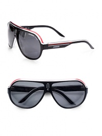 In black and red lightweight plastic with a temple logo detail, these sporty shield sunglasses are a perfect choice for weekend outings.Injected propionatePolarized ebony lens100% UV protectiveMade in Italy In black and red lightweight plastic with a temple logo detail, these sporty shield sunglasses are a perfect choice for weekend outings.Injected propionatePolarized ebony lens100% UV protectiveMade in Italy