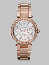 From the Parker Collection. Truly sparkle in this technical timepiece with Swarovski crystal accents. Quartz movementWater resistant to 10 ATMRound rose goldtone stainless steel case, 33mm (1.3) Swarovski crystal accented bezelSilvertone dialNumeric and Swarovski crystal hour markersThree multi-function sub-dialsSecond hand Rose goldtone stainless steel link braceletImported From the Parker Collection. Truly sparkle in this technical timepiece with Swarovski crystal accents. Quartz movementWater resistant to 10 ATMRound rose goldtone stainless steel case, 33mm (1.3) Swarovski crystal accented bezelSilvertone dialNumeric and Swarovski crystal hour markersThree multi-function sub-dialsSecond hand Rose goldtone stainless steel link braceletImported
