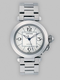 Stainless steel 35mm case has a screw-down crown cap with a steel cabochon. Fixed bezel engraved with two-tone numerals Two-time zone function Caliber 054, water-resistant to 330 feet Luminescent hands Mechanical movement with automatic winding Made in Switzerland Stainless steel 35mm case has a screw-down crown cap with a steel cabochon. Fixed bezel engraved with two-tone numerals Two-time zone function Caliber 054, water-resistant to 330 feet Luminescent hands Mechanical movement with automatic winding Made in Switzerland