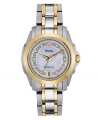 Style that stuns and precision that's trusted. Precisionist watch by Bulova crafted of two-tone stainless steel bracelet and round case with gold tone bezel. Mother-of-pearl dial features ten diamond accent markers, date window at six o'clock, three gold tone hands including continuously sweeping second hand and logo. Quartz movement. Water resistant to 30 meters. Three-year limited warranty. Style that stuns and precision that's trusted. Precisionist watch by Bulova crafted of two-tone stainless steel bracelet and round case with gold tone bezel. Mother-of-pearl dial features ten diamond accent markers, date window at six o'clock, three gold tone hands including continuously sweeping second hand and logo. Quartz movement. Water resistant to 30 meters. Three-year limited warranty.