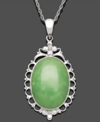 Vintage appeal. A antique-inspired setting frames a beautiful oval-cut jade stone (13 mm x 18 mm) in this stunning pendant. Crafted in sterling silver. Approximate length: 18 inches. Approximate drop: 1-1/2 inches. Vintage appeal. A antique-inspired setting frames a beautiful oval-cut jade stone (13 mm x 18 mm) in this stunning pendant. Crafted in sterling silver. Approximate length: 18 inches. Approximate drop: 1-1/2 inches.