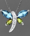 The flutter effect. The dazzling blue and green crystal wings, and a crystal-coated body comprise Kaleidoscope's sweet dragonfly pendant. Set in sterling silver with Swarovski Elements. Approximate length: 18 inches. Approximate drop: 3/4 inch.