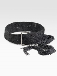 This jute design features a metal buckle and long fringed end. Width, about 3Made in Italy This jute design features a metal buckle and long fringed end. Width, about 3Made in Italy