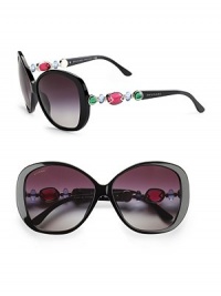Glam acetate frames with extravagant stones on temple and signature logo details. Available in black with red, green and blue colored stones and grey gradient lens or brown gradient with purple, green, and citrine colored stones and brown gradient lens.UV 400 lens Made in Italy Glam acetate frames with extravagant stones on temple and signature logo details. Available in black with red, green and blue colored stones and grey gradient lens or brown gradient with purple, green, and citrine colored stones and brown gradient lens.UV 400 lens Made in Italy