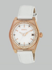 From the Escape Collection. A unique timepiece featuring a warm rose goldtone ion-plated stainless steel contour case with a Swarovski crystal accented round inset case. Quartz movementWater resistant to 10 ATMContour rose goldtone ion-plated stainless steelcase, 34mm (1.3) Swarovski crystal inset bezelWhite dialDot markersDate display at 3 o'clockSecond hand White leather strapImported