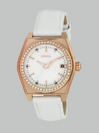 From the Escape Collection. A unique timepiece featuring a warm rose goldtone ion-plated stainless steel contour case with a Swarovski crystal accented round inset case. Quartz movementWater resistant to 10 ATMContour rose goldtone ion-plated stainless steelcase, 34mm (1.3) Swarovski crystal inset bezelWhite dialDot markersDate display at 3 o'clockSecond hand White leather strapImported From the Escape Collection. A unique timepiece featuring a warm rose goldtone ion-plated stainless steel contour case with a Swarovski crystal accented round inset case. Quartz movementWater resistant to 10 ATMContour rose goldtone ion-plated stainless steelcase, 34mm (1.3) Swarovski crystal inset bezelWhite dialDot markersDate display at 3 o'clockSecond hand White leather strapImported