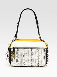 Shiny spiked studs line the edges of this vibrant leather and sleek watersnake design. Shoulder straps, 9 dropTop zip closureOne outside zip pocketOne outside open pocketOne inside zip pocketOne inside open pocketFully linedMade in Italy Shiny spiked studs line the edges of this vibrant leather and sleek watersnake design. Shoulder straps, 9 dropTop zip closureOne outside zip pocketOne outside open pocketOne inside zip pocketOne inside open pocketFully linedMade in Italy