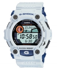 By land or by sea, this G-Shock watch stands strong. White resin strap and round case. Logo and four lugs at bezel. Shock-resistant and low temperature-resistant digital display dial features tide graph, auto EL backlight with afterglow, flash alert, moon data, world time, four daily alarms, one snooze timer and countdown timer. Quartz movement. Water resistant to 200 meters. One-year limited warranty. By land or by sea, this G-Shock watch stands strong. White resin strap and round case. Logo and four lugs at bezel. Shock-resistant and low temperature-resistant digital display dial features tide graph, auto EL backlight with afterglow, flash alert, moon data, world time, four daily alarms, one snooze timer and countdown timer. Quartz movement. Water resistant to 200 meters. One-year limited warranty.
