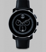 A sleek and modern timepiece designed with three-eye chronograph functionality and Swiss quartz precision. Round bezel Quartz movement Three-eye chronograph functionality Water resistant to 3 ATM Date function at 6 o'clock Second hand Stainless steel/composite case: 43.5mm (1.71) Leather strap Imported 
