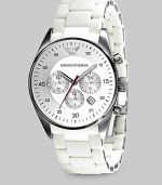Crisp and clean design in silicone-wrapped stainless steel with three-eye chronograph functionality and brilliant silver dial. Second hand Date display at 4 o'clock Round case, 43mm, 1.69 Stainless steel link bracelet, 23mm, 0.90 Water resistant to 5 ATM Analog movement Imported 
