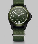 Sporty and sleek, crafted with superior Swiss technique and finished with a nylon strap.Precision Swiss quartz analog movementWater resistant to 10 ATMNylon fiber case; 40mm diameter (1.57)Aluminum bezelShock resistant mineral crystalMarkers and numbersLuminous handsDate display at 4:00Second handNylon strap; 20mm wideMade in Switzerland