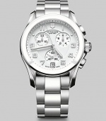 Experience a stylish moment in time with this signature chronograph style, with handsome features including a ceramic bezel, luminous hands and sleek, stainless steel bracelet.Chronograph movementRound bezelWater resistant to 10 ATMDate display at 5 o'clock Second handStainless steel case: 41mm(1.61)Leather braceletMade in Switzerland
