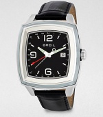 From the Orchestra collection, this watch features a trio of chronograph sub-dials, with an additional hour hand to keep time in two time zones and a clear-glass insert for an eye-catching look.Chronograph movementWater-resistant to 5ATMRectangular stainless steel case: 42mm diameter(1.63)Silver-accented, black dialDate display at 3 o'clockSecond handCroc-embossed leather strapImported