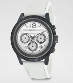 From the Orchestra collection, this chronograph watch features a clear glass insert and a silicone strap.Chronograph movementWater-resistant to 10ATMRound polycarbonate case: 45mm diameter(1.77)Gunmetal ion-plated bezelBar markerDate display at 5 o'clockSecond handSilicone strapImported