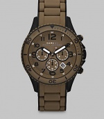 A signature design with timeless elements, set in stainless steel with tonal textures, a three-eye chronograph function and date display, stylishly finished with a smooth, silicone wrap bracelet.Chronograph movementRound bezelWater resistant to 5ATMDate display at 5 o'clock Second handStainless steel case: 46mm(1.81)Silicone wrap braceletImported