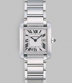 Stainless steel crown set with synthetic cabachon-shaped spinal has silver grained dial and stainless steel bracelet. Blue steel hands Case, 30.4mm X 25mm, 1.19 X 0.98 Case depth, 7mm, 0.28 Roman numerals, date Cartier caliber 057 quartz movement Water-resistant to 100 feet Band width, 18½mm, 0.73 Made in Switzerland