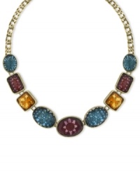 Sweet style. 2028's pretty collar necklace features plastic amethyst intaglio, smoky topaz and indicolite stones in differing shapes. Set in gold tone mixed metal. Approximate length: 16 inches + 3-inch extender. Sweet style. 2028's pretty collar necklace features plastic amethyst intaglio, smoky topaz and indicolite stones in differing shapes. Set in gold tone mixed metal. Approximate length: 16 inches + 3-inch extender.