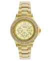 Shimmer and shine with this regal watch by Style&co. Gold tone mixed metal bracelet and round case. Bezel embellished with crystal accents. Champagne dial features numerals at twelve, four and eight o'clock, stick indices, minute track, three multifunctional subdials and logo. Quartz movement. Two-year limited warranty.