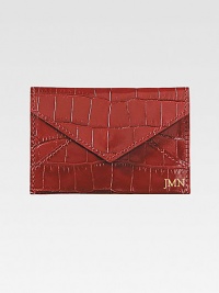 Compact envelope design crafted in rich, crocodile-embossed Italian calfskin keeps business cards handy. About 4¼ X 3 Made in USAFOR PERSONALIZATIONSelect a color and quantity, then scroll down and click on PERSONALIZE & ADD TO BAG to choose and preview your personalization options. Please allow 1 week for delivery. Compact envelope design crafted in rich, crocodile-embossed Italian calfskin keeps business cards handy. About 4¼ X 3 Made in USAFOR PERSONALIZATIONSelect a color and quantity, then scroll down and click on PERSONALIZE & ADD TO BAG to choose and preview your personalization options. Please allow 1 week for delivery.