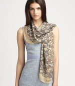 A pretty feather print design with a solid border in luxurious silk. SilkAbout 27½ X 71Dry cleanItaly