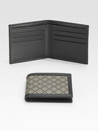 A classic wallet in signature diamante-plus fabric with leather trim and interior. Two bill compartments Six card slots 4.3W X 3.8H Made in Italy A classic wallet in signature diamante-plus fabric with leather trim and interior. Two bill compartments Six card slots 4.3W X 3.8H Made in Italy