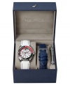 A quick strap switch gives this handsome Nautica sport watch an entirely new look and feel. Choose a smooth blue leather strap or white polyurethane strap with a round stainless steel case. White multifunctional dial with red accents, stick indices, logo and three subdials. Analog movement. Water resistant to 100 meters. Five-year limited warranty.