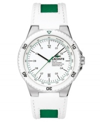 Break out your tennis whites and hit the court with this Toronto watch by Lacoste. White leather and green canvas strap with round stainless steel case. White resin bezel with black numerals. White dial features black numerals and stick indices at markers, minute track, date window at six o'clock, black hour and minute hands, green second hand and logo. Quartz movement. Water resistant to 50 meters. Two-year limited warranty. Break out your tennis whites and hit the court with this Toronto watch by Lacoste. White leather and green canvas strap with round stainless steel case. White resin bezel with black numerals. White dial features black numerals and stick indices at markers, minute track, date window at six o'clock, black hour and minute hands, green second hand and logo. Quartz movement. Water resistant to 50 meters. Two-year limited warranty.
