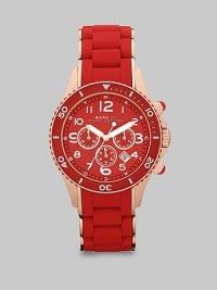 Striking and sporty, combining a full-function chronograph with warm rose gold IP-finishing over stainless steel and bold red enamel and silicone layering.Round stainless steel case with rose gold IP finishing Striking and sporty, combining a full-function chronograph with warm rose gold IP-finishing over stainless steel and bold red enamel and silicone layering.Round stainless steel case with rose gold IP finishing