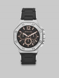 A dazzling Swarovski crystal bezel dresses up this silicone wrapped stainless steel style. Quartz movementWater resistant to 10 ATMHexagon stainless steel case, 41mm (1.6) Swarovski crystal & rivet accented bezelBlack chronograph dialNumeric and bar hour markersDate display between 4 and 5 o'clockSecond hand Black silicone wrapped stainless steel link braceletImported A dazzling Swarovski crystal bezel dresses up this silicone wrapped stainless steel style. Quartz movementWater resistant to 10 ATMHexagon stainless steel case, 41mm (1.6) Swarovski crystal & rivet accented bezelBlack chronograph dialNumeric and bar hour markersDate display between 4 and 5 o'clockSecond hand Black silicone wrapped stainless steel link braceletImported