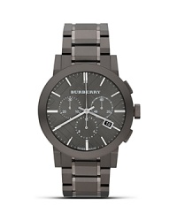 Crafted of brushed stainless steel with a military-inspired look, this round watch from Burberry is a sleek yet sophisticated piece of hardware. Crafted of brushed stainless steel with a military-inspired look, this round watch from Burberry is a sleek yet sophisticated piece of hardware.