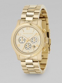 Attractive three-link sports watch in stainless steel with a goldtone finish. Round goldtone stainless steel case, 38mm (1.5) Smooth bezel Chronograph movement Arabic display Imported Attractive three-link sports watch in stainless steel with a goldtone finish. Round goldtone stainless steel case, 38mm (1.5) Smooth bezel Chronograph movement Arabic display Imported