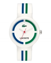 Game, set, match. A charming addition to your Lacoste tennis whites, this unisex Goa watch is crafted of white silicone strap with green and blue stripes and round white plastic case. White dial features green and blue colorblock print, iconic crocodile logo at twelve o'clock, printed text logo at six o'clock, cut-out hour and minute hands and red second hands. Quartz movement. Water resistant to 30 meters. Two-year limited warranty. Game, set, match. A charming addition to your Lacoste tennis whites, this unisex Goa watch is crafted of white silicone strap with green and blue stripes and round white plastic case. White dial features green and blue colorblock print, iconic crocodile logo at twelve o'clock, printed text logo at six o'clock, cut-out hour and minute hands and red second hands. Quartz movement. Water resistant to 30 meters. Two-year limited warranty.