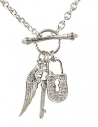 Silver Rhodium Plated Juicy Inspired Crystal Pavé Padlock, Key and Angel Wing Multicharm Front Toggle Couture Necklace Silver Rhodium Plated Juicy Inspired Crystal Pavé Padlock, Key and Angel Wing Multicharm Front Toggle Couture Necklace