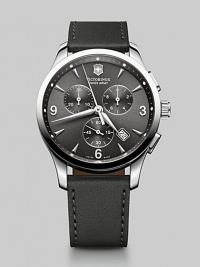 A signature timepiece with refined style, with three-eye chronograph function, luminous hands and anti-reflective sapphire crystal set in a stainless steel case with a leather strap bracelet.Chronograph movementRound bezelWater resistant to 10ATMDate display at 5 o'clock Second handStainless steel case: 42mm(1.65)Leather braceletMade in Switzerland A signature timepiece with refined style, with three-eye chronograph function, luminous hands and anti-reflective sapphire crystal set in a stainless steel case with a leather strap bracelet.Chronograph movementRound bezelWater resistant to 10ATMDate display at 5 o'clock Second handStainless steel case: 42mm(1.65)Leather braceletMade in Switzerland