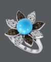 A springtime statement. Carlo Viani's fabulous flower ring highlights a round-cut turquoise center (3-1/3 mm) surrounded by round-cut white sapphire (1/2 ct. t.w.) and smokey quartz (3/8 ct. t.w.) covered petals. Crafted in 14k white gold.