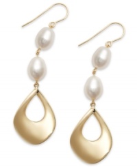 Exude elegance. These luminous drop earrings feature cultured freshwater pearls (9 mm) and a 14k gold setting with cut-out teardrop accents on french wire. Approximate drop: 2-1/2 inches. Exude elegance. These luminous drop earrings feature cultured freshwater pearls (9 mm) and a 14k gold setting with cut-out teardrop accents on french wire. Approximate drop: 2-1/2 inches.
