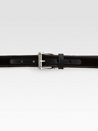 Brown velvet with black leather details and square buckle with embossed Gucci logo.Palladium hardwareLeatherAbout 1 wideMade in Italy Brown velvet with black leather details and square buckle with embossed Gucci logo.Palladium hardwareLeatherAbout 1 wideMade in Italy