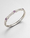 Three cushion-cut amethyst stones set in textured sterling silver. AmethystSterling silverDiameter, about 2.3Hinged, push clasp closureImported 